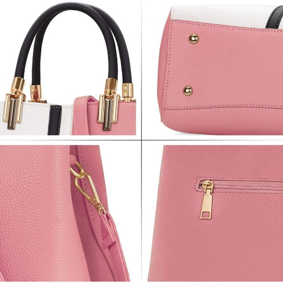 Top Handle Stitching Handbag for Women Girls Tote Satchel Pink Shoulder Bag - Picture 4 of 8